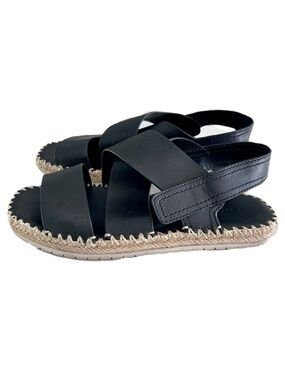 Vince Tenison Espadrille Sandals Black Leather Size 9M Jute Trim Designer Casual